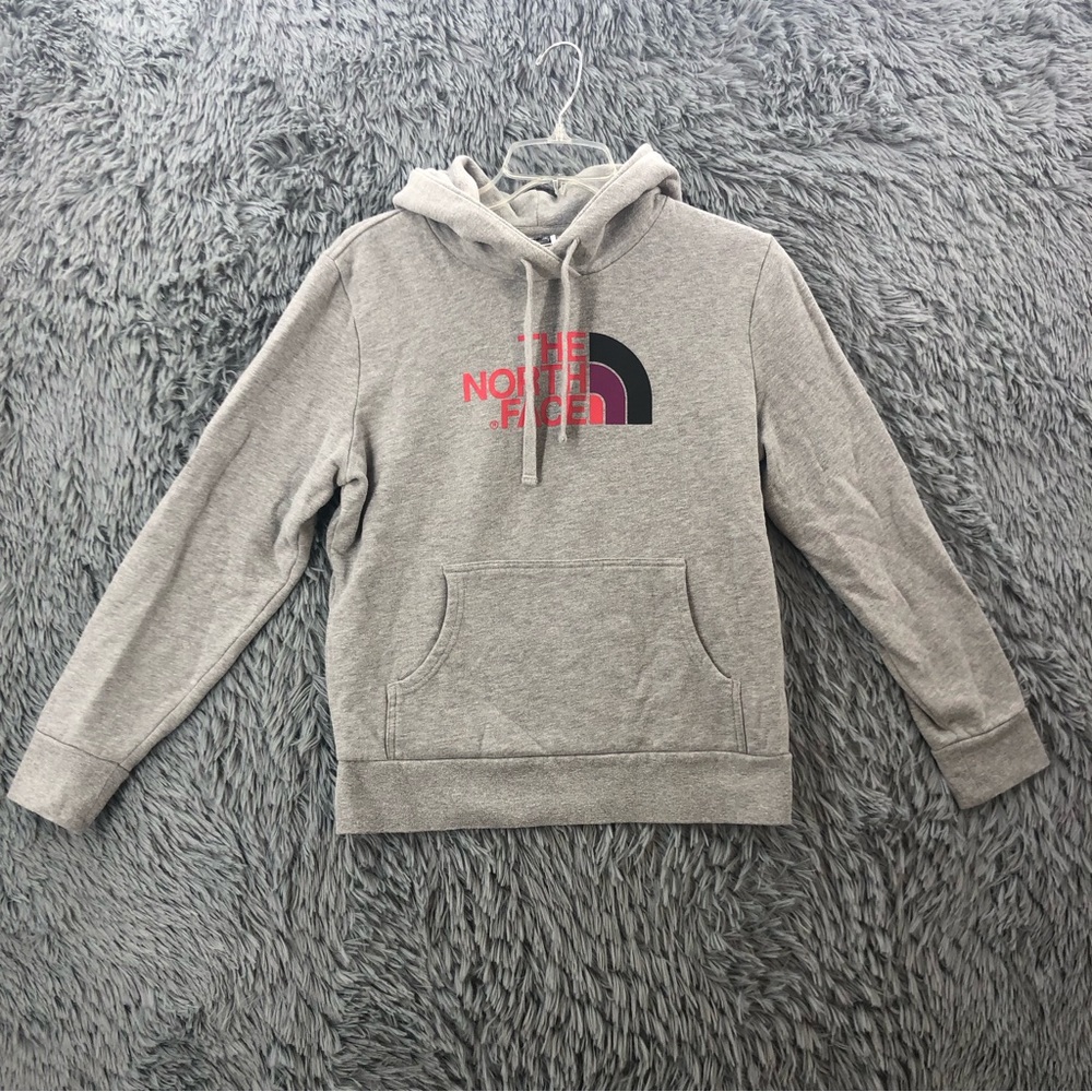 North Face Hoodie Womens Medium Spellout Logo Gray Kangaroo Pocket Pullover